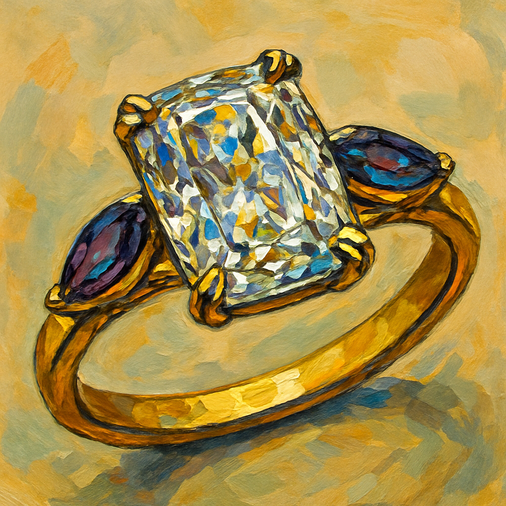 2 carat elongated cushion cut diamond engagement ring with double claw prongs in yellow gold ring with marquise shaped alexandrite side stones