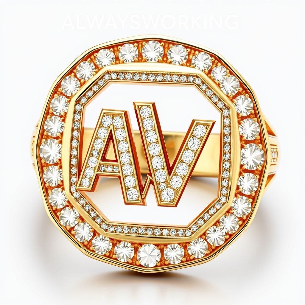 ALWAYSWORKING ring with aw standing out with diamonds all around