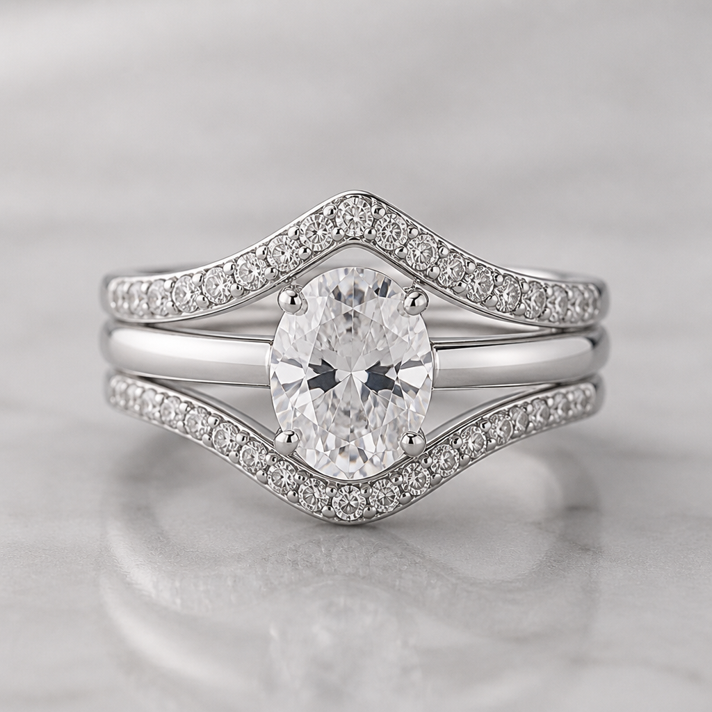 A women's ring. A ring made of silver consisting of three pieces. The first piece is a ring studded with small zircon stones and has a curved shape at the bottom, studded with small zircon stones. The second piece is a silver ring with a large, oval-shaped zircon stone in the center to blend with the first ring. The third piece is the same as the first piece, but the oval shape is at the top to match the second piece.
photorealistic jewelry design, A women's ring. A ring made of silver consisting of three pieces. The first piece is a ring studded with small zircon stones and has a curved shape at the bottom, studded with small zircon stones. The second piece is a silver ring with a large, oval-shaped zircon stone in the center to blend with the first ring. The third piece is the same as the first piece, but the oval shape is at the top to match the second piece., modern style, just the design no text