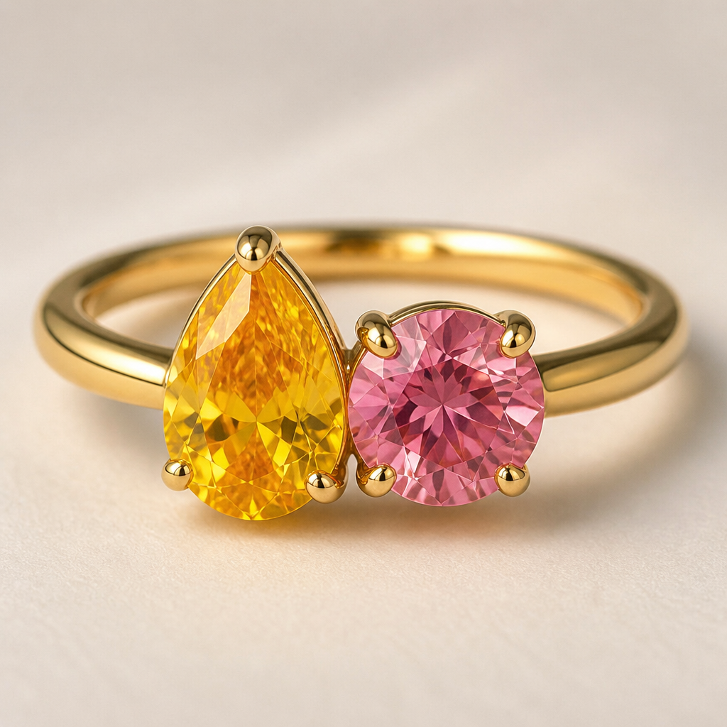 A classic women's ring with sapphire stones suitable for birthday. anello toi e moi con zaffiro giallo taglio goccia e affianco zaffiro rosa rotondo di dimensioni uguali medie montato su oro giallo
photorealistic jewelry design, A classic women's ring with sapphire stones suitable for birthday. anello toi e moi con zaffiro giallo taglio goccia e affianco zaffiro rosa rotondo di dimensioni uguali medie montato su oro giallo, classic style, just the design no text