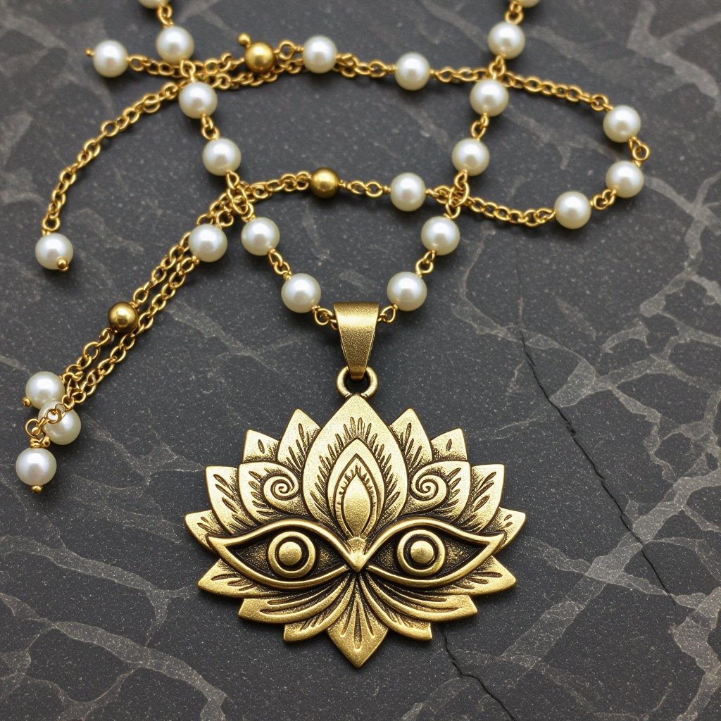 Кулон на длинной цепочке. Матовое светлое золото. В цепочке небольшие золотые шарики и жемчуг. Кулон в виде двух глаз над ними лотос узоры завитушки 