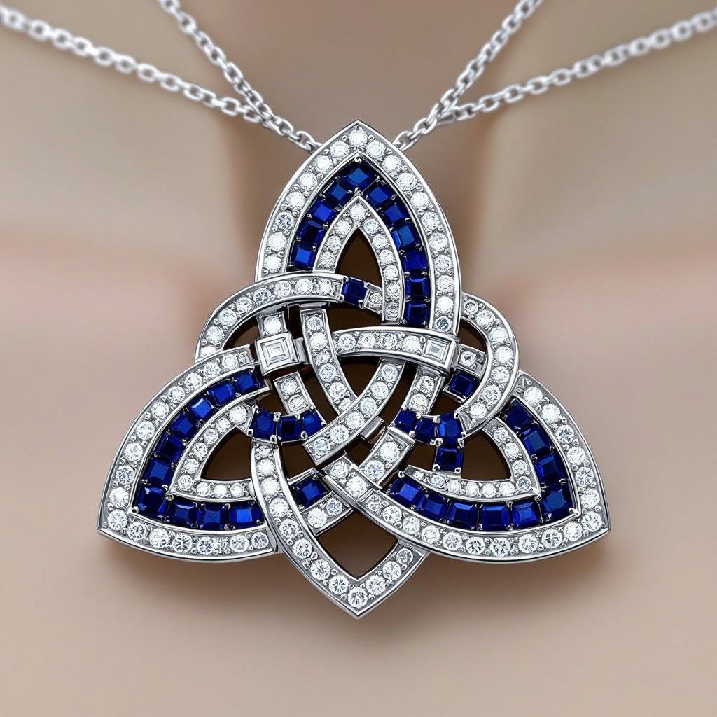  A celtic trinity knot shaped 50 carat necklace with VVS asscher-cut and sapphire gemstones and 18k silver chain