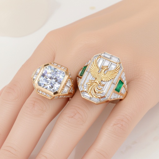 Geomatric rose gold and A platinum signet ring with phoenix printed on it for women Design a luxurious platinum signet ring that embodies the elegance of Art Deco style, featuring a striking phoenix rendered in intricate geometric patterns. Emphasize bold lines and symmetry, with contrasting finishes for depth. Adorn the ring with brilliant-cut diamonds and emeralds, capturing the spirit of rebirth and timeless sophistication. Rose gold geometric ring. Platinum signet ring with a phoenix. Platinum Art Deco signet ring with a phoenix, brilliant-cut diamonds, and emeralds.