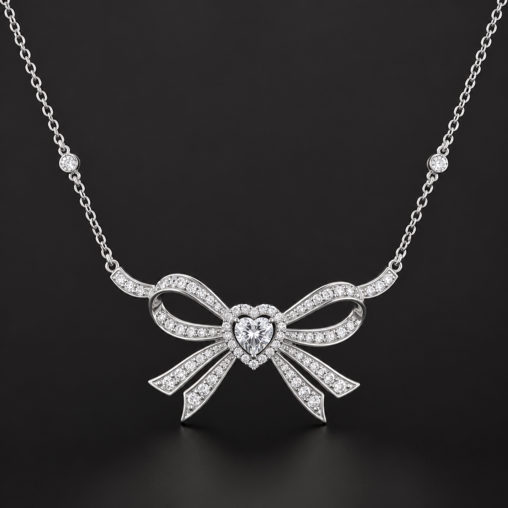 A women's necklace made of platinum with diamond stones. same style as this and add heart in middle of the bow
photorealistic jewelry design, A women's necklace made of platinum with diamond stones. same style as this and add heart in middle of the bow, modern style, just the design no text