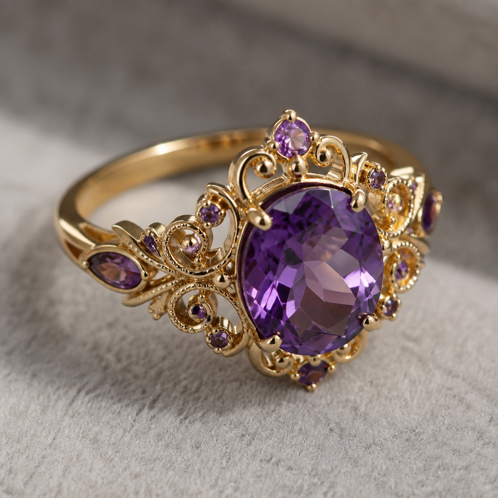 A luxury women's ring made of gold with amethyst stones suitable for daily wear, detailed and decorative, moderately ornate