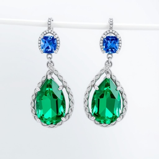 A emerald drop cut and sapphire gemstones cushion cut, with VS and F 50 carat earrings