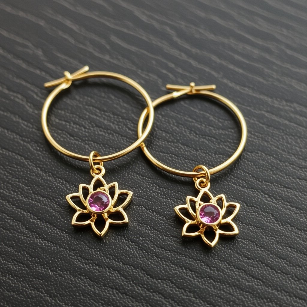 Серьги небольшие кольца, подвеска в виде золотого лотоса шестью лепестками с маленьким розовым кварцем по центру