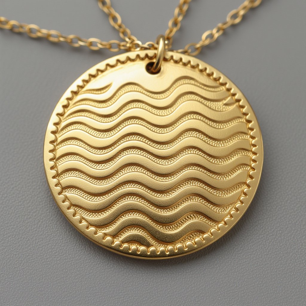Золотой матовый медальон в форме неровного круга с неровными краями. По краям выпуклые точки сплошной линией. На круге разные волнистые узоры 