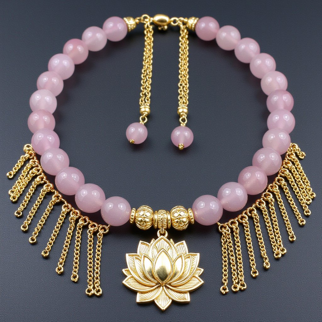 Длинное колье из мелкого розового кварца посредине лотос от лотоса идут цепочки золотые вниз