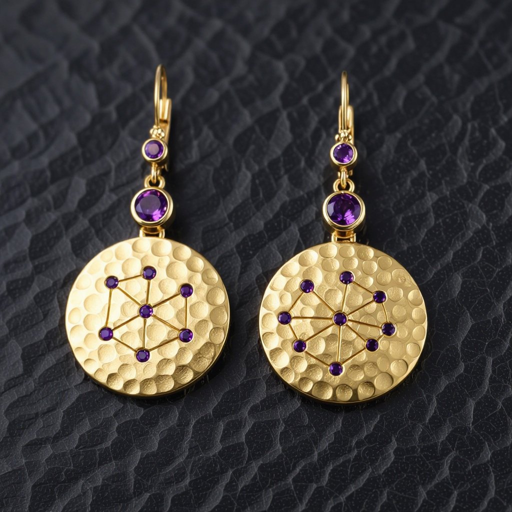 Серьги на длинных цепочках матовое золото мятое. Символ схематично созвездие. Маленькие фиолетовые камушки