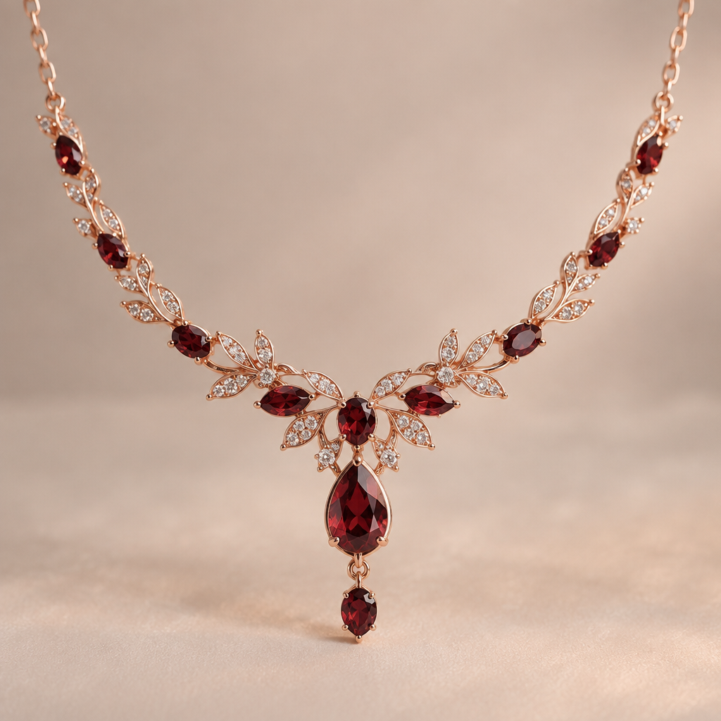 A rose gold women's necklace made of rose gold with garnet stones suitable for wedding
photorealistic jewelry design, A rose gold women's necklace made of rose gold with garnet stones suitable for wedding, rose_gold style, just the design no text