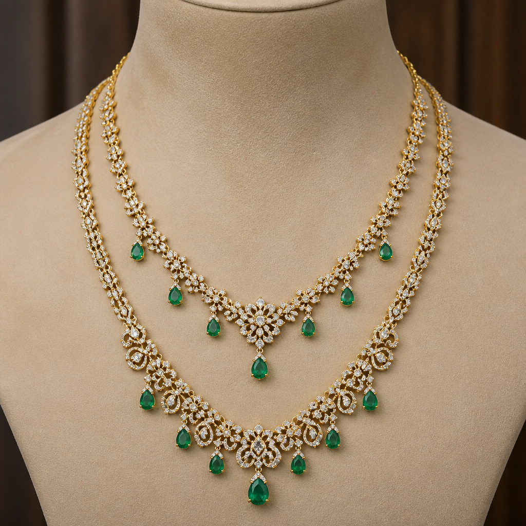 Double layered necklace with touch of emerald stone
photorealistic jewelry design, Double layered necklace with touch of emerald stone, ethnic style, just the design no text