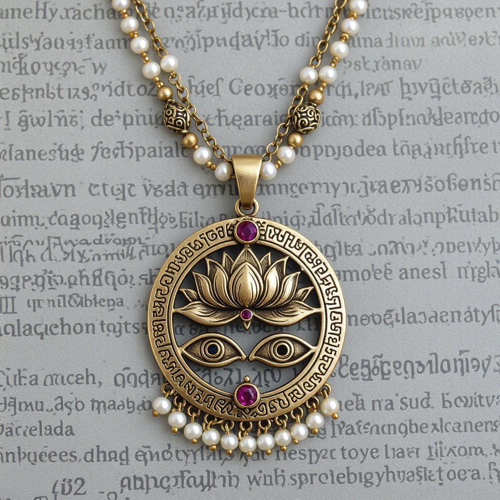 Кулон на длинной цепочке. Матовое светлое золото. В цепочке небольшие золотые шарики и жемчуг. Кулон в виде двух глаз над ними лотос с маленьким красным камнем внутри узоры завитушки 