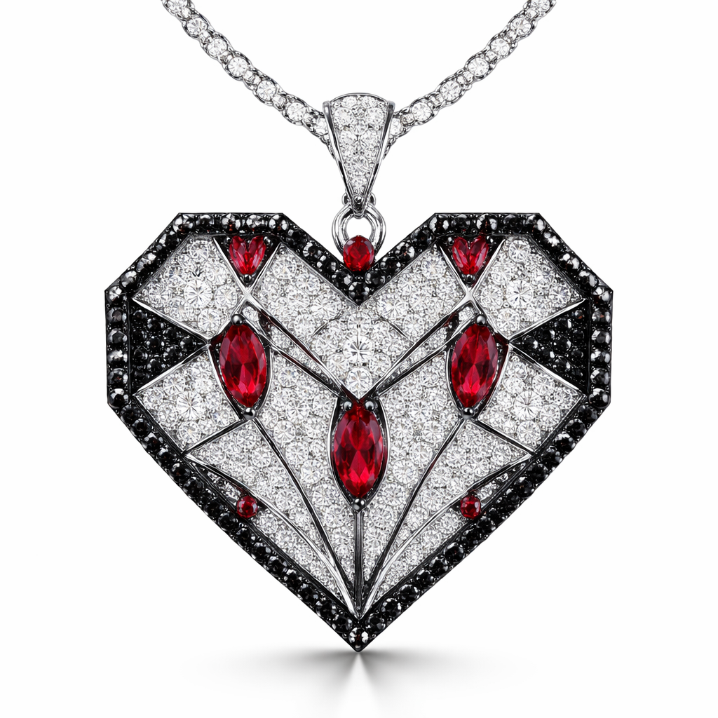 Geomatric pendant of heart of ede style and shape white black diamonds of love shape of little bit of ruby stones and chain