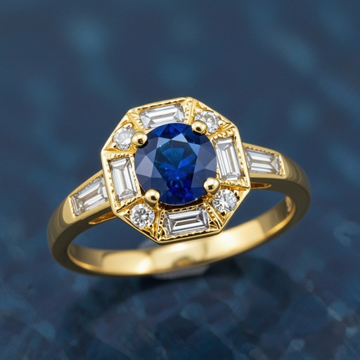 Gold ring with a round blue Sapphire set in prong setting