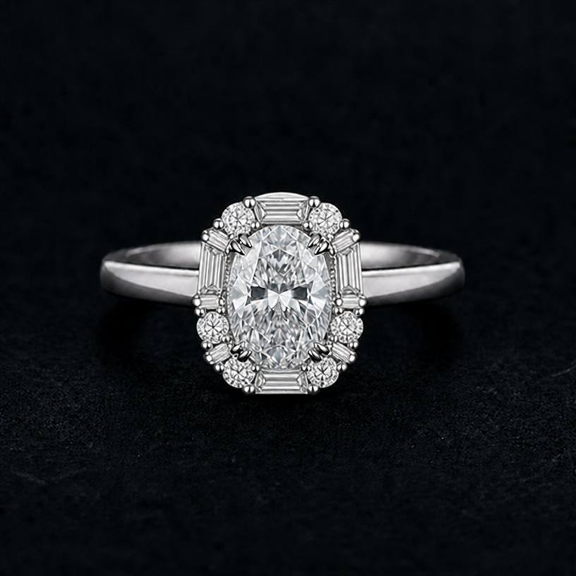 Change halo to mix of round diamonds and baguettes
edit the attached jewelry design with these instructions: Change halo to mix of round diamonds and baguettes. keep it photorealistic, just the design no text