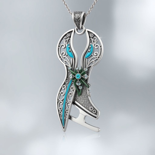 Silver pendant in the shape of ice skating blades with a turquoise stripe within the blade