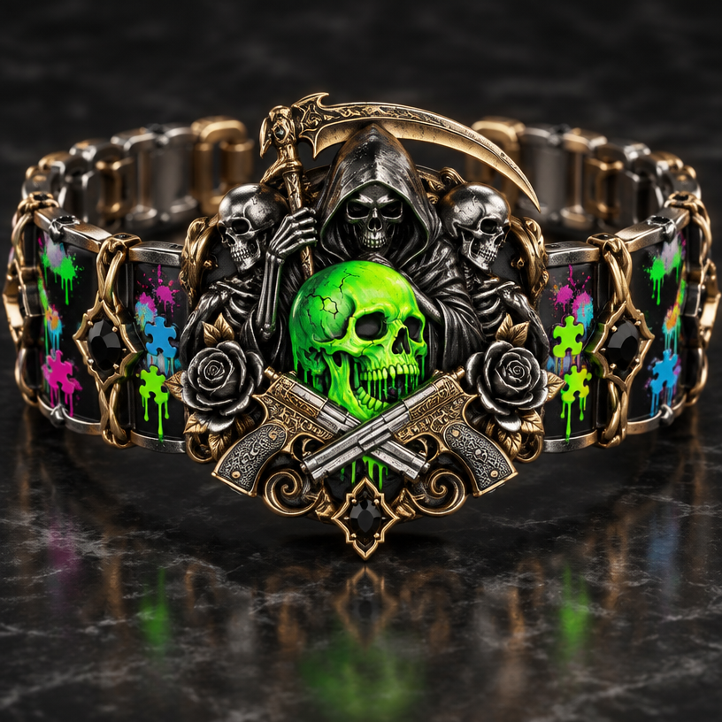A gothic women's bracelet made of mixed metal suitable for formal. a reaper with skeletonswith neon graffiti around the skull and pistols crossing "the family " written in old english
using the attached image as a visual reference, create A gothic women's bracelet made of mixed metal suitable for formal. a reaper with skeletonswith neon graffiti around the skull and pistols crossing "the family " written in old english. photorealistic, just the design no text
