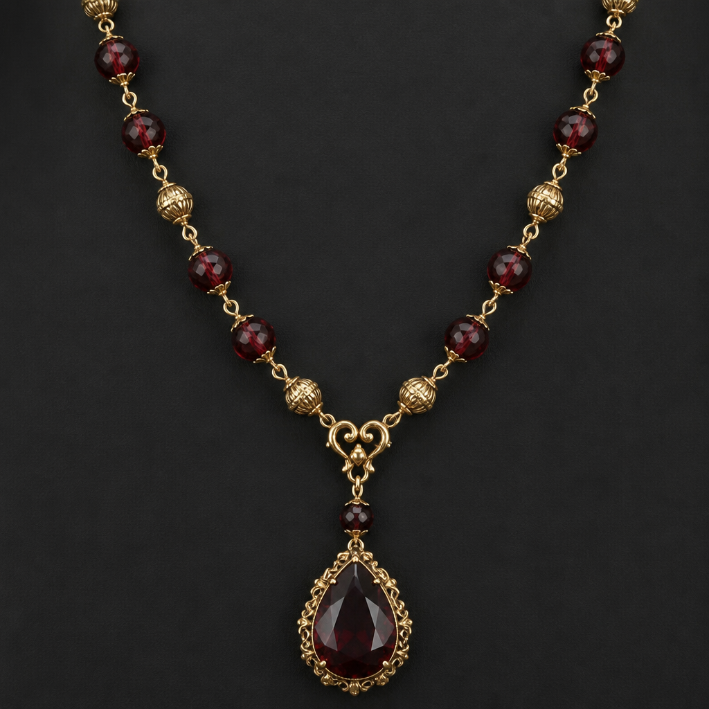 A vintage women's necklace made of gold with garnet stones. Garnet beads with gold tone metal and large teardrop gem pendent
photorealistic jewelry design, A vintage women's necklace made of gold with garnet stones. Garnet beads with gold tone metal and large teardrop gem pendent, vintage style, just the design no text