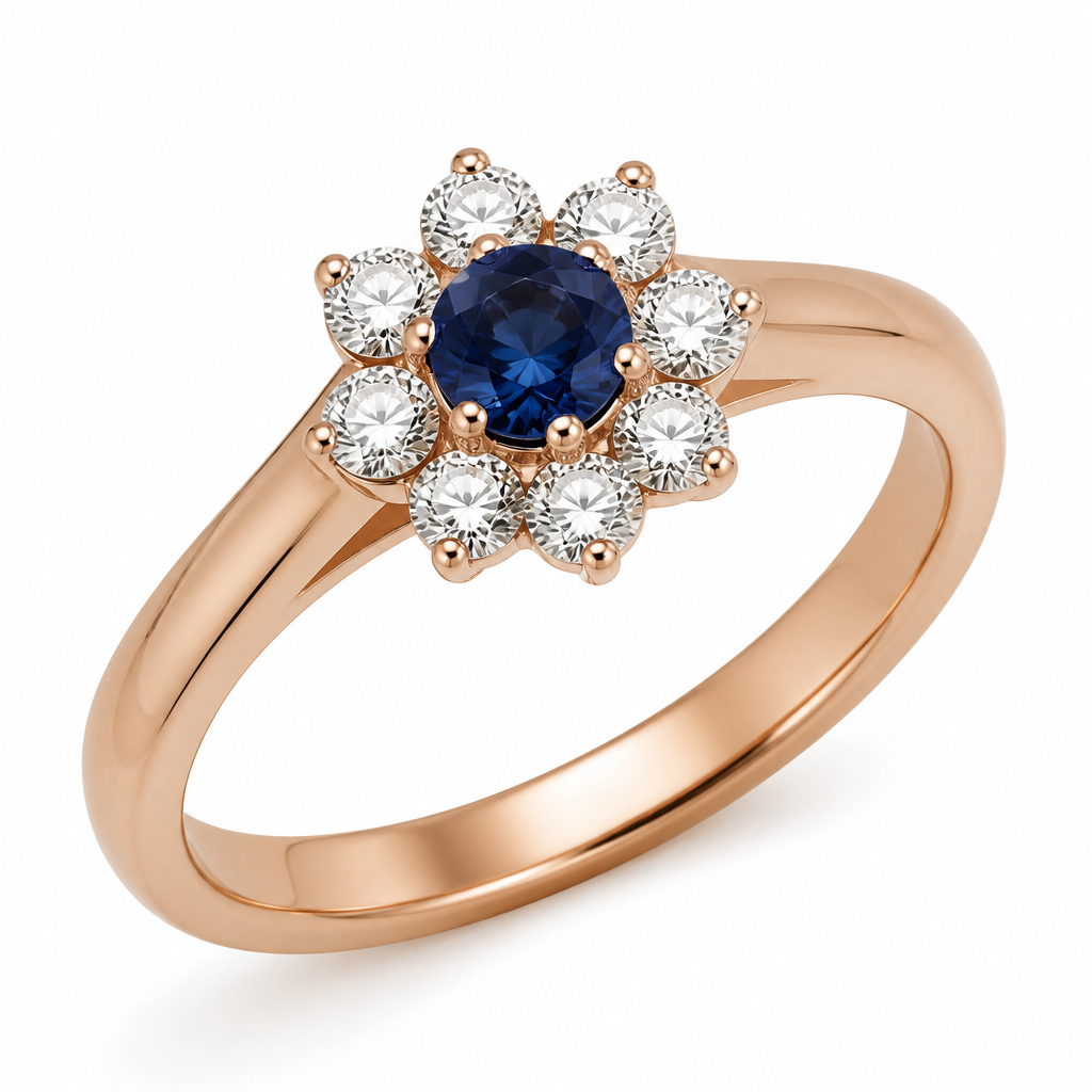 A classic women's ring made of rose gold with diamond and sapphire stones suitable for birthday. anello con Zaffiro blu centrale round e 6 diamanti attorno round montato su oro bianco con gambo alla base più largo e stretto verso le pietre
photorealistic jewelry design, A classic women's ring made of rose gold with diamond and sapphire stones suitable for birthday. anello con Zaffiro blu centrale round e 6 diamanti attorno round montato su oro bianco con gambo alla base più largo e stretto verso le pietre, classic style, just the design no text