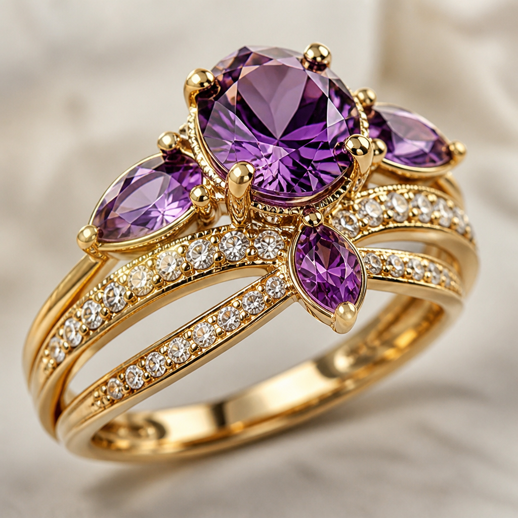A luxury women's ring made of gold with amethyst stones suitable for wedding
photorealistic jewelry design, A luxury women's ring made of gold with amethyst stones suitable for wedding, luxury style, just the design no text