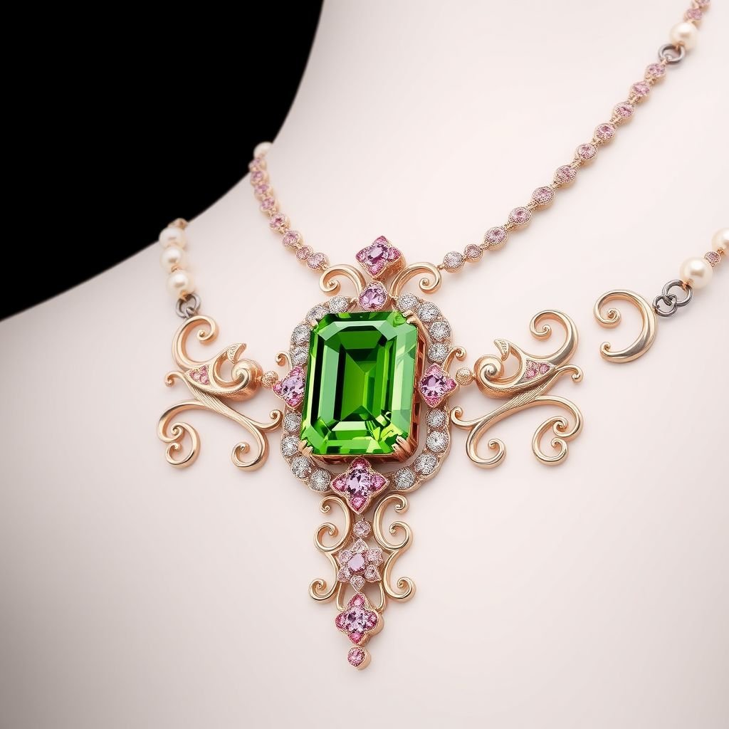 20 carat green periot and pink diamond gemstones emeral cut FL IF clarity necklace
