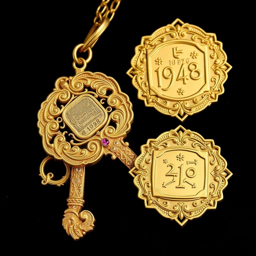 A luxurious, key-shaped gold ingot (24k) weighing 10 grams, designed as a symbolic tribute to Palestinian heritage. The front face features a delicate engraving of the Palestinian keffiyeh pattern wrapping the entire surface subtly, with a circular head and a clean matte finish. Below the head, the number 1948 is discreetly inscribed, evoking historical memory. The reverse side includes standard bar markings — weight, purity (999.9), and assay certification. No hole or loop is present. The design blends modern elegance with deep cultural symbolism, ready for presentation in premium packaging.