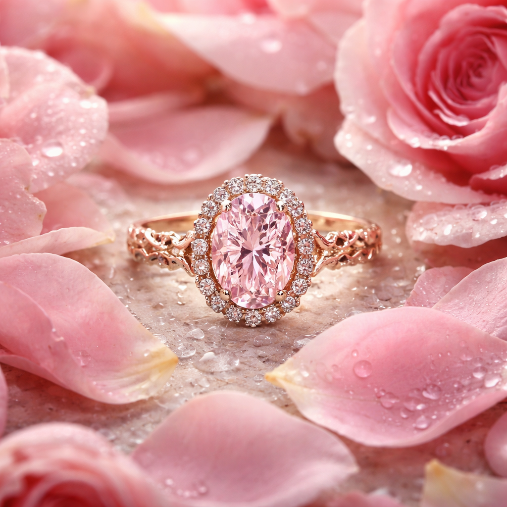 Rose petals surrounding a solitary pink diamond ring