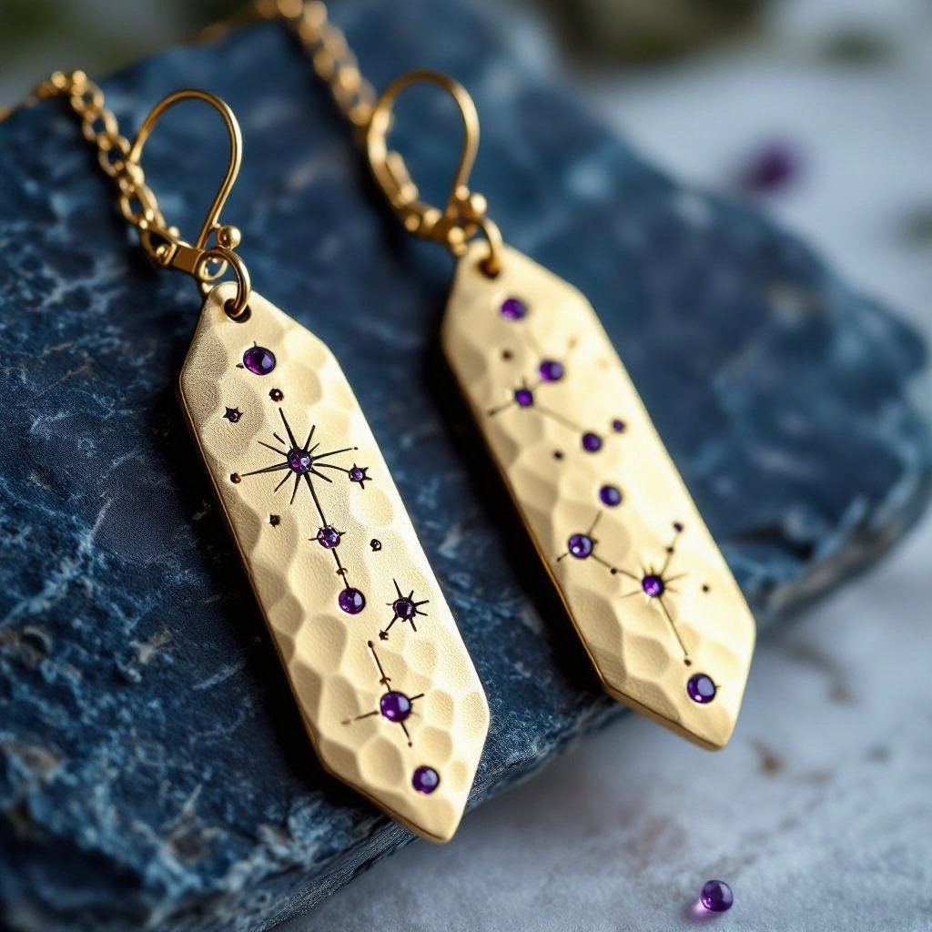 Серьги длинные на цепочках матовое золото мятое. Символ схематично созвездие. Маленькие фиолетовые камушки