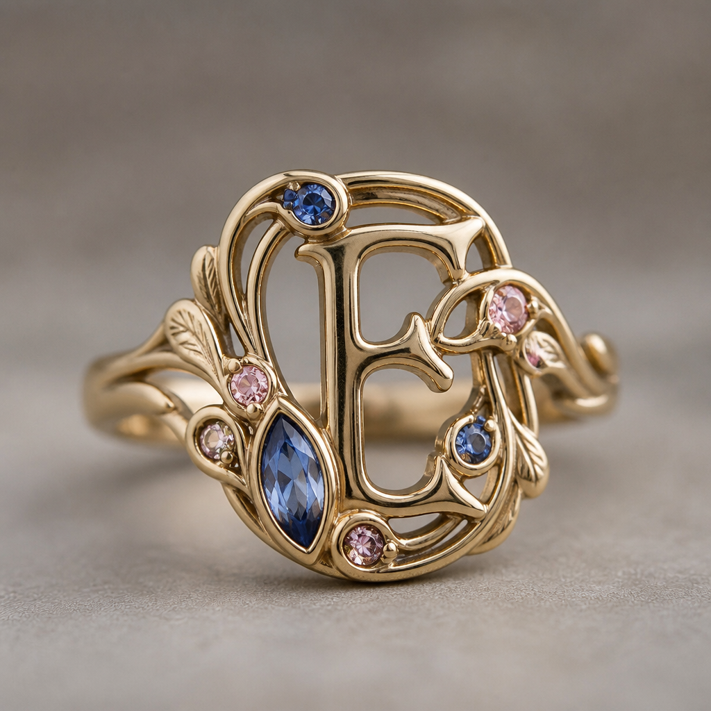 A art nouveau women's ring. anel de 15 anos com inicial E com pedras azul e rosa
photorealistic jewelry design, A art nouveau women's ring. anel de 15 anos com inicial E com pedras azul e rosa, art_nouveau style, just the design no text