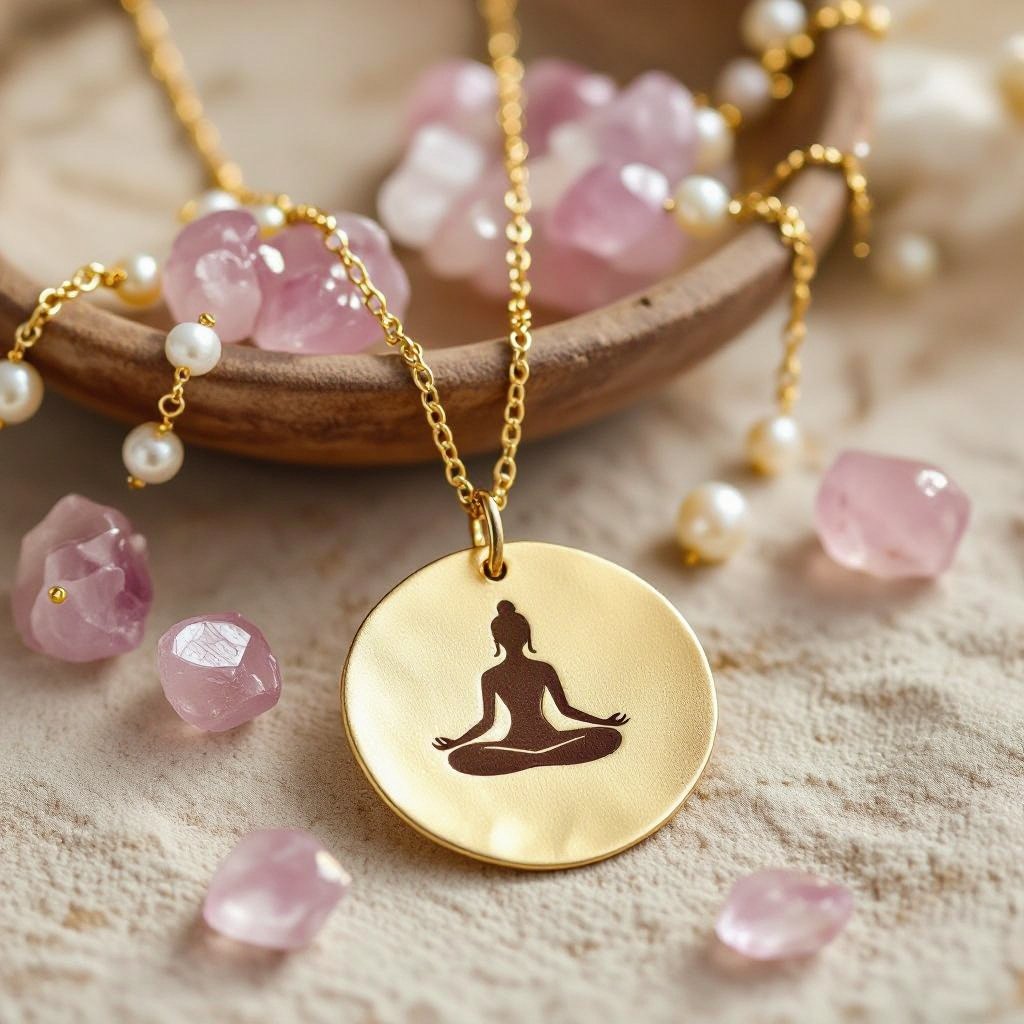 Кулон на длинной цепочке. Матовое светлое золото. В цепочке небольшие камушки розового необработанного кварца и жемчуга. Кулон в форме неровного мятого круга. На круге изображен силуэт девушки в позе лотоса нечетко