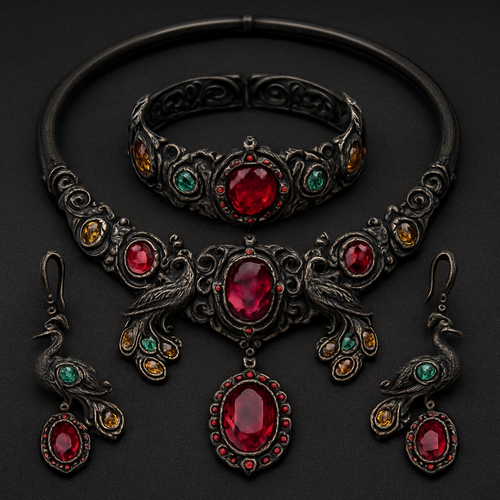 A full Ruby jewelry set including bracelet with at least 10 citrine and green topaz inlays with peacock themes and an omega necklace