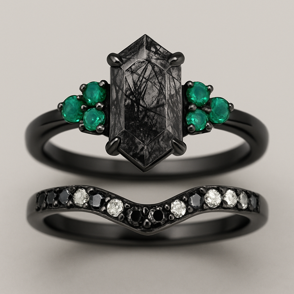 Black band, medium long hexagon cut rutilated black quartz, emerald accent stones 3 on each side in a cluster, add a wedding band that curves with black and white stones