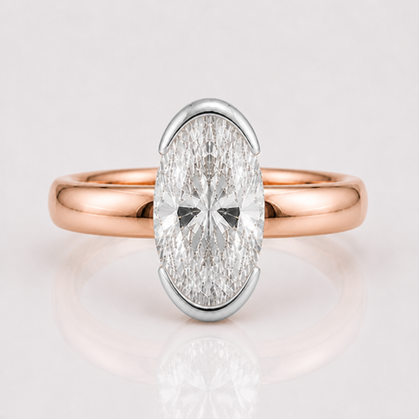 the band is 10k rose gold, the bezel and basket is platinum
edit the attached jewelry design with these instructions: the band is 10k rose gold, the bezel and basket is platinum. keep it photorealistic, just the design no text