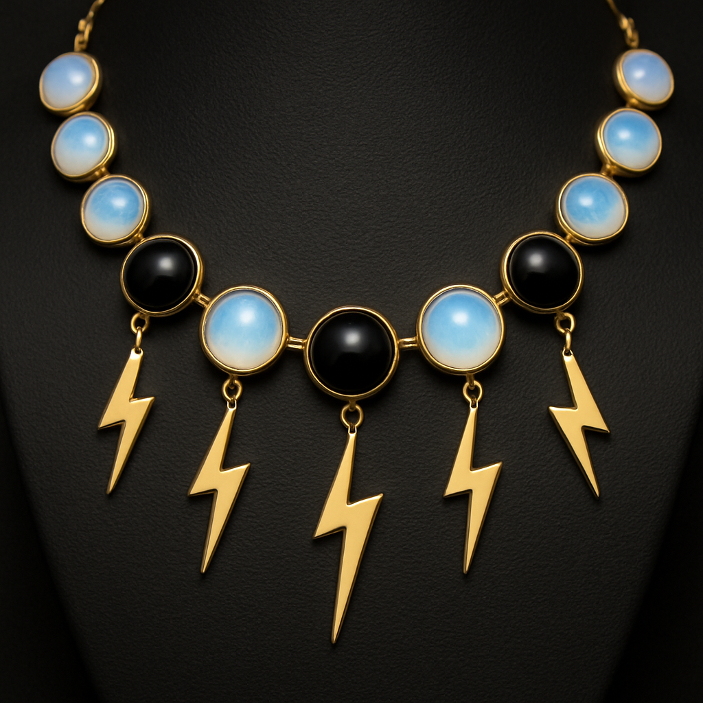 Opalite and onyx collar with gold lightening strikes