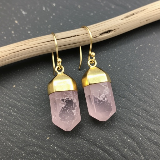 Серьги матовое золото с эффектом неровности Необработанный бледно розовый кварц в виде длинного кристалла