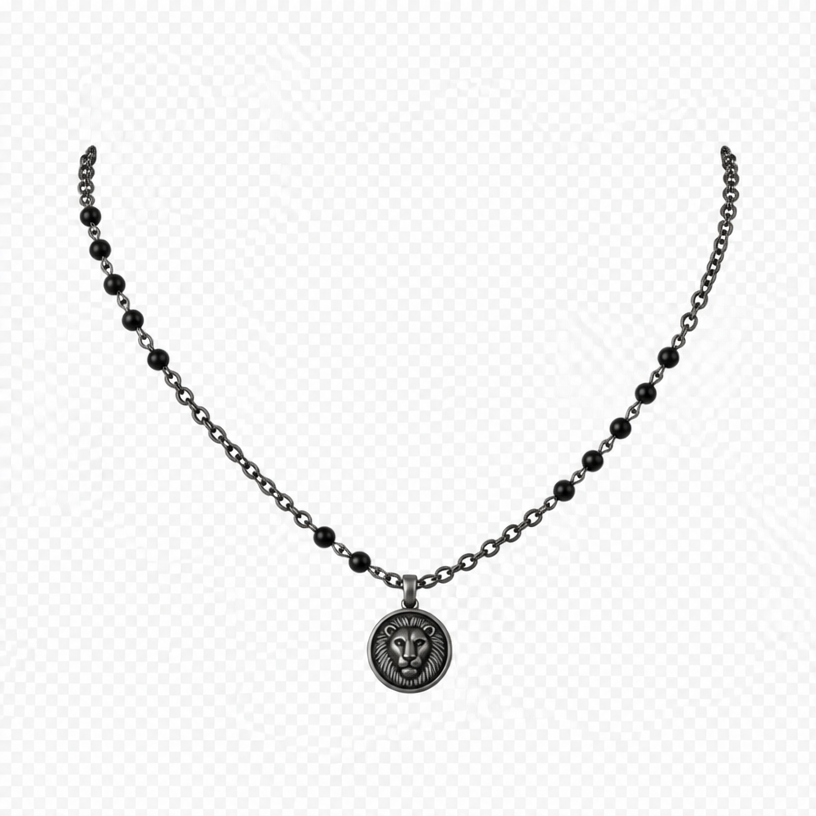make black onyx beads smaller and also bring back the Leo zodiac charm like before, minimalistic, without a background and in a circle. mix black onyx with chain so it looks more interesting
edit the attached jewelry design with these instructions: make black onyx beads smaller and also bring back the Leo zodiac charm like before, minimalistic, without a background and in a circle. mix black onyx with chain so it looks more interesting. keep it photorealistic, just the design no text