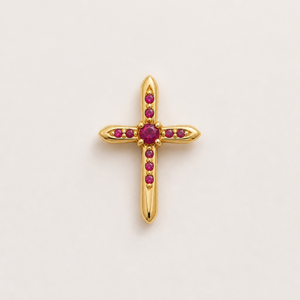 Dainty and feminine Gold cross with rubies, majority gold . Hidden bail
photorealistic jewelry design, Dainty and feminine Gold cross with rubies, majority gold . Hidden bail, minimalist style, just the design no text