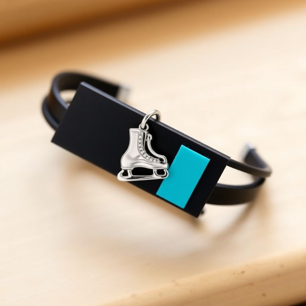 Bracelet black leather with silver ice skate and turquoise stripe inside the low thin part blade