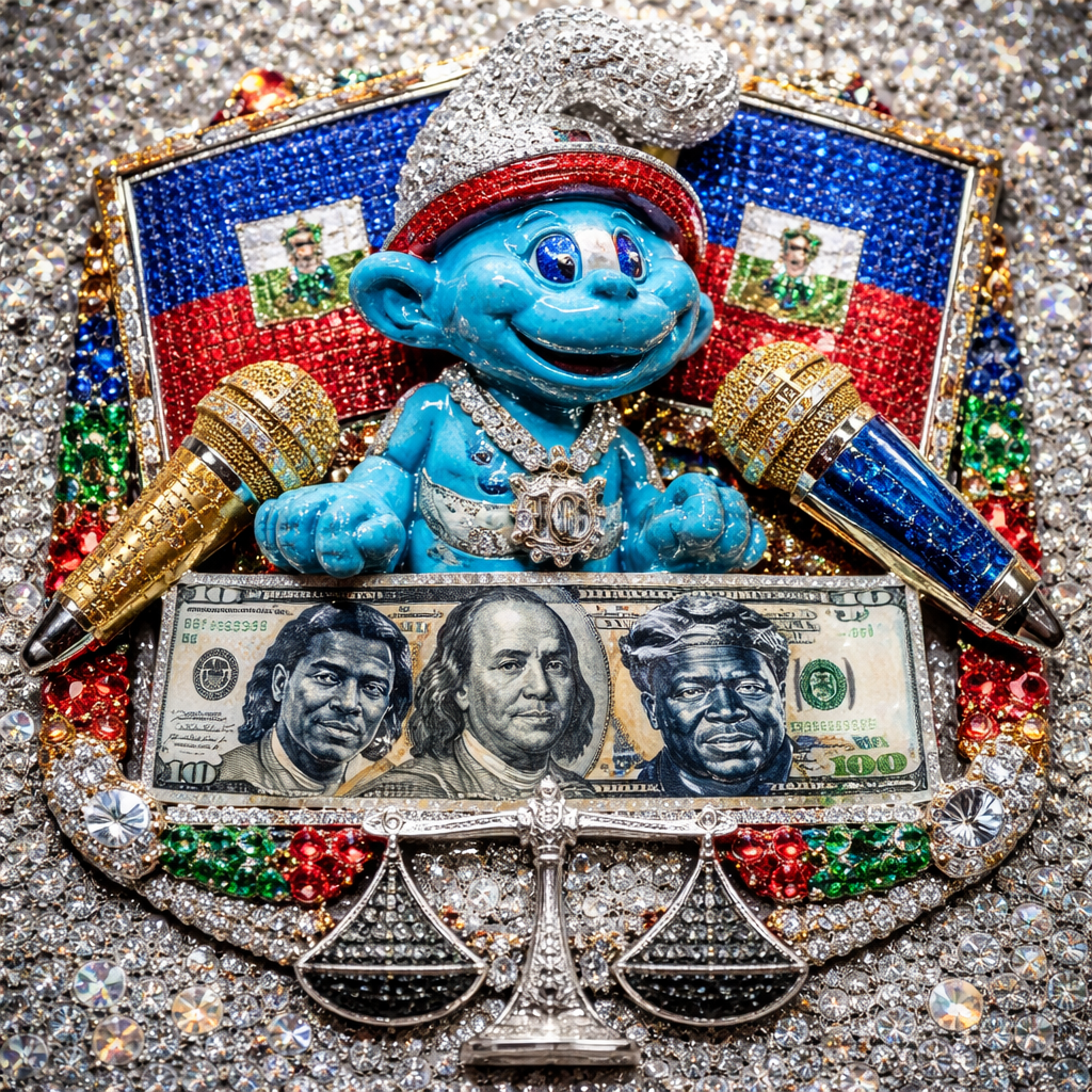 A Haitian flag median that’s has its cultural colors shining bright and solid under it is a baby smurf with the color of Smurf that’s glossy and shiny. Add blue face hundred dollar bill that has jack boy Kodak black and busts rhymes and sizzlers. Holding a gold and Haitian colors microphone that’s touching each other. Flood color stones in the background for entire scene. And add a justice scale that’s sterling silver with a black diamond spoon underneath it