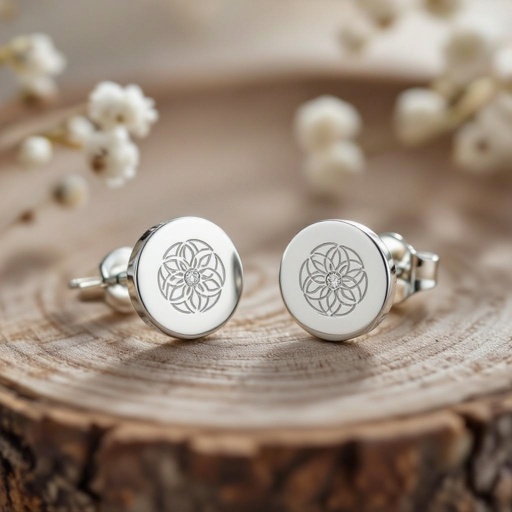 Пуссеты винтовой замок круглый символ цветка жизни с маленьким фианитом по центру