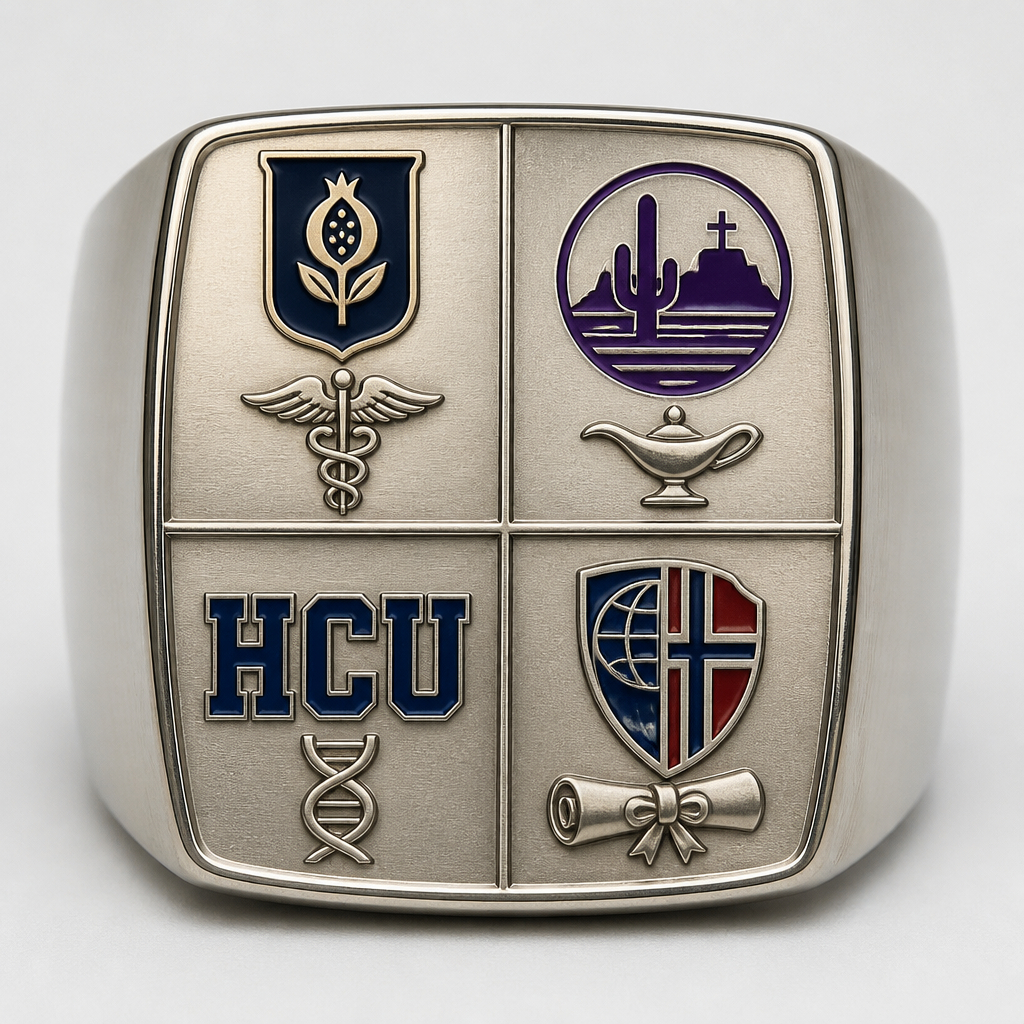 Create an image for ring flat face that is divided in four quadrants. The top left quadrant should have the Symbol of the Universidad de la Sabana with the Medical Doctor symbol next or underneath and the year 2003. The upper right quadrant will have Grand Canyon University symbol with the Master of science in Healthcare Administration next or underneath and the year 2021. In the left lower quadrant there will be a symbol for Houston Christian University with the degree Bachelor of Science in Biology symbol and the year 1994. In the right bottom quadrant is the symbol for the International School of Stavanger and William P. Clements High school with the symbol of high school diploma and the years 1986 - 1989.
photorealistic jewelry design, Create an image for ring flat face that is divided in four quadrants. The top left quadrant should have the Symbol of the Universidad de la Sabana with the Medical Doctor symbol next or underneath and the year 2003. The upper right quadrant will have Grand Canyon University symbol with the Master of science in Healthcare Administration next or underneath and the year 2021. In the left lower quadrant there will be a symbol for Houston Christian University with the degree Bachelor of Science in Biology symbol and the year 1994. In the right bottom quadrant is the symbol for the International School of Stavanger and William P. Clements High school with the symbol of high school diploma and the years 1986 - 1989., modern style, just the design no text