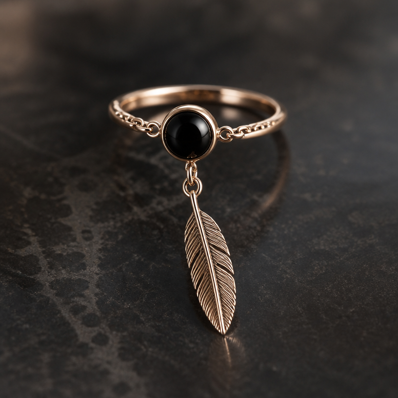 A women's ring. round black gemstone pendant chain has large black gemstone large feather
using the attached image as a visual reference, create A women's ring. round black gemstone pendant chain has large black gemstone large feather. photorealistic, just the design no text