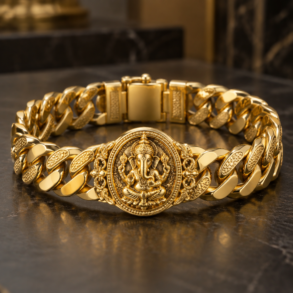 A men's bracelet, detailed and decorative, moderately ornate. cuban carap bracelet and ganesh ji dial in lucky only plan gold
photorealistic jewelry design, A men's bracelet, detailed and decorative, moderately ornate. cuban carap bracelet and ganesh ji dial in lucky only plan gold, modern style, just the design no text