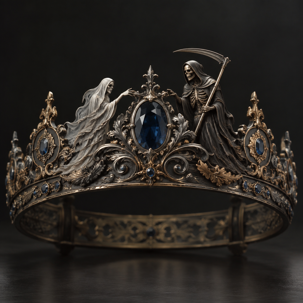 A victorian men's tiara made of mixed metal with sapphire stones suitable for formal. a ghost and a reaper
photorealistic jewelry design, A victorian men's tiara made of mixed metal with sapphire stones suitable for formal. a ghost and a reaper, victorian style, just the design no text