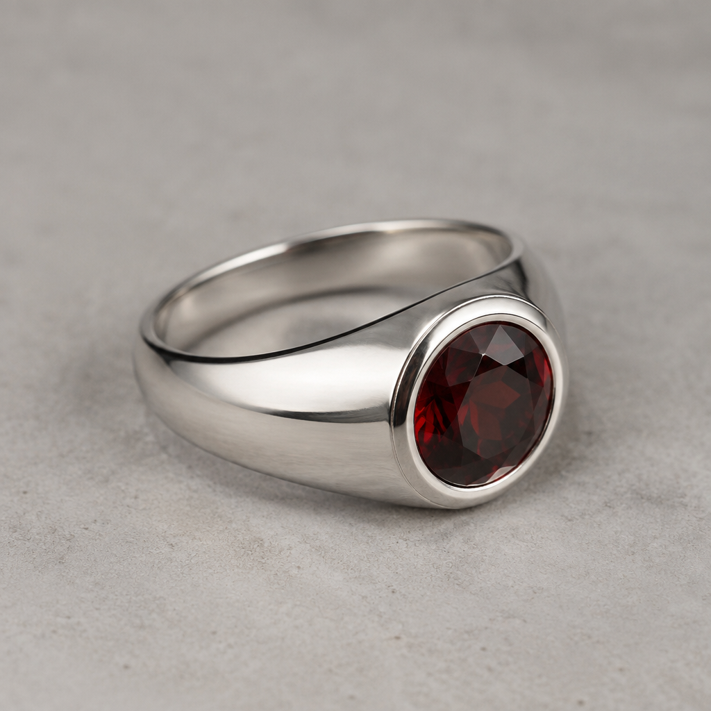 A modern men's ring made of silver with garnet stones suitable for daily wear, minimalist, simple and delicate, clean lines. a signet ring for the little finger with a beautiful 6mm round garnet in a bezel setting
photorealistic jewelry design, A modern men's ring made of silver with garnet stones suitable for daily wear, minimalist, simple and delicate, clean lines. a signet ring for the little finger with a beautiful 6mm round garnet in a bezel setting, modern style, just the design no text