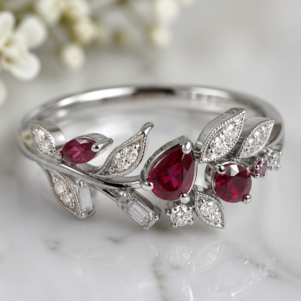 A women's ring made of white gold with ruby and diamond stones, detailed and decorative, moderately ornate. create a nature inspired anniversary ring that uses multiple cuts of stones
photorealistic jewelry design, A women's ring made of white gold with ruby and diamond stones, detailed and decorative, moderately ornate. create a nature inspired anniversary ring that uses multiple cuts of stones, modern style, just the design no text