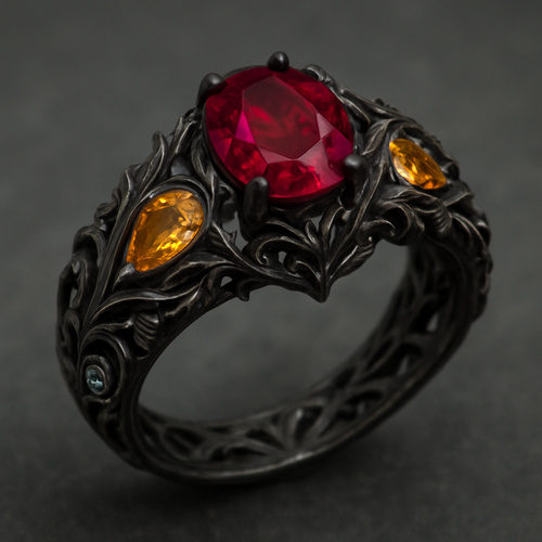 Ruby engagement ring with citrine and topaz inlays with nature themes