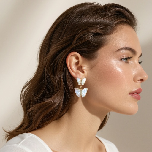 Серьги золотые в виде бирюзового с переливами половины крыла бабочки из перламутра 