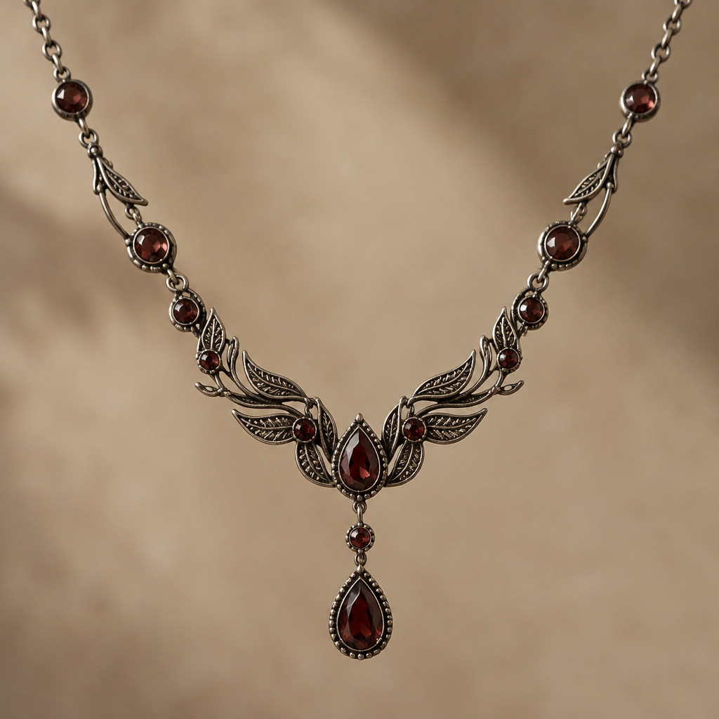 A bohemian women's necklace made of titanium with garnet stones suitable for anniversary
photorealistic jewelry design, A bohemian women's necklace made of titanium with garnet stones suitable for anniversary, bohemian style, just the design no text